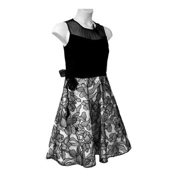 SLNY Mesh & Knit Black White Cocktail Party Guest Retro Knee Length Twofer Dress - Picture 2 of 12